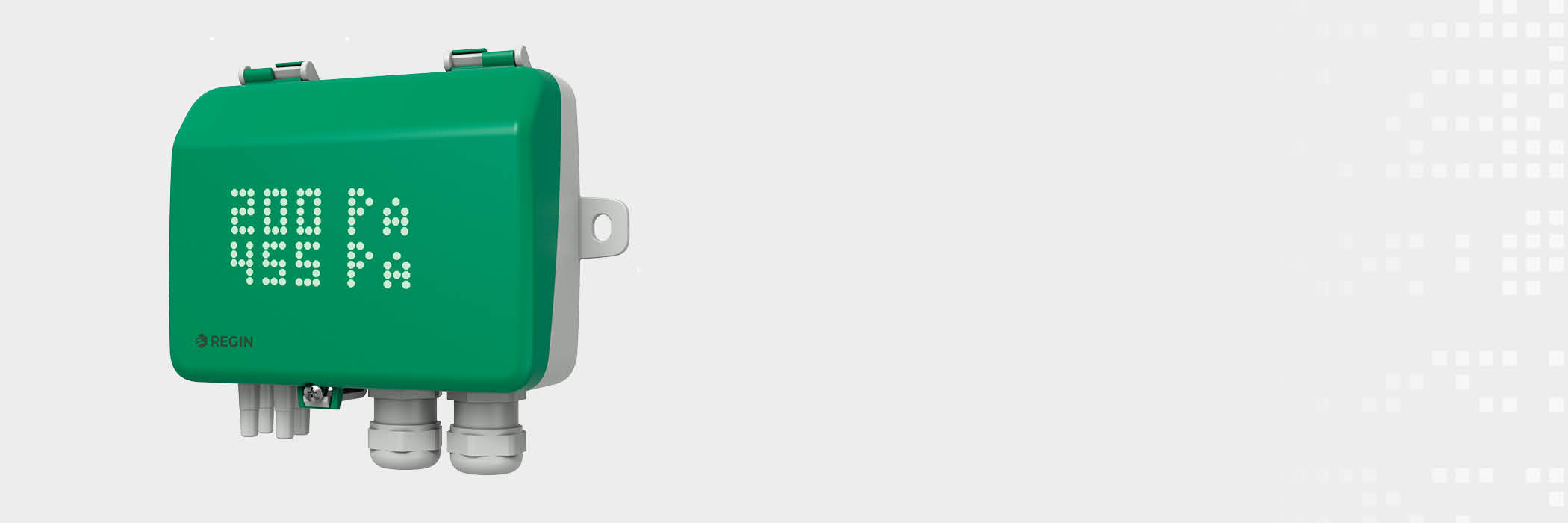 Green REGIN electronic control box with LED dot display showing temperature readings on a white background.