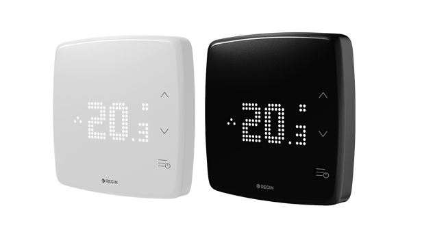 Two modern digital thermostats, one white and one black, displaying 20.3°C with touch controls and minimalistic design.