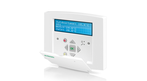 Et hvidt digitalt termostat med en blå skærm, der viser temperaturaflæsninger og kontrolknapper nedenfor.