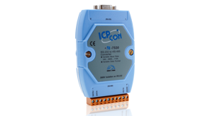 En blå og grå RS-232 til RS-485 konverter med mærkede porte og stik, der har justerbar baudrate.