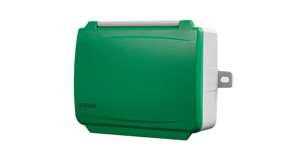 En grøn og hvid rektangulær enhed med et hængslet låg og en lille monteringsbeslag på siden.